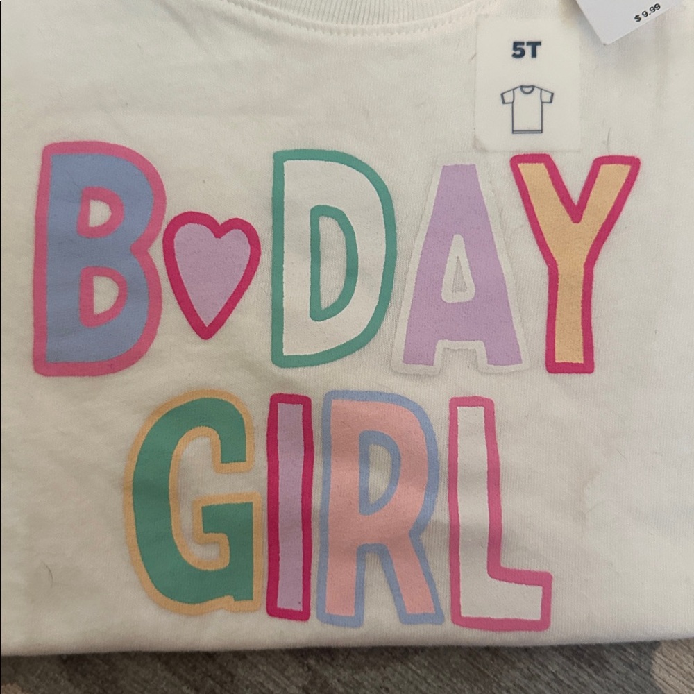 Old Navy White "B DAY GIRL" Short Sleeve Tee with Pastel Lettering